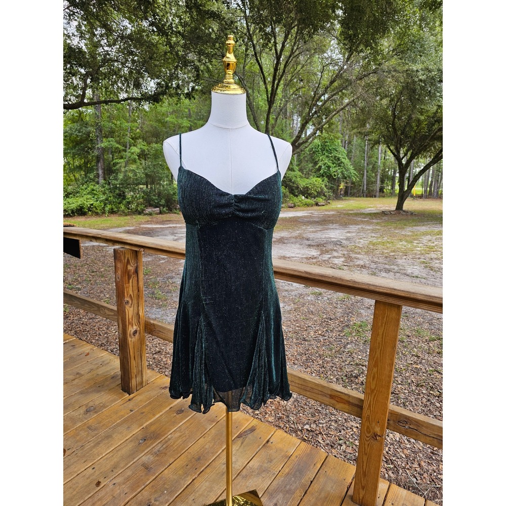 Violet Weekend Metallic Emerald Green Black Glitter Godet Mini Dress 90s Y2K 7/8